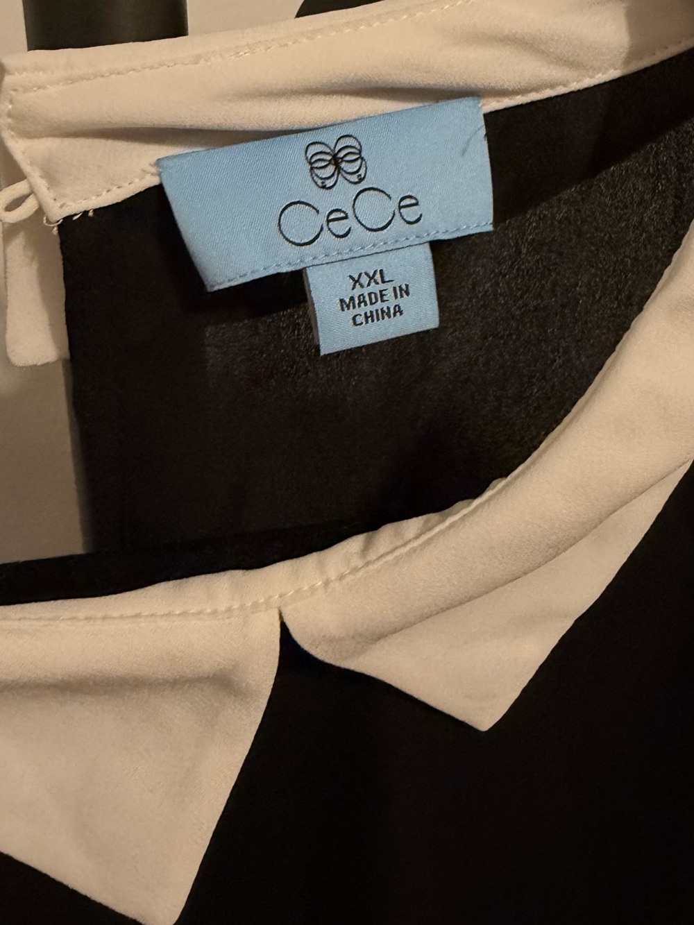 CeCe Black Blouse with Cream Peter Pan Collar and Pleated Sleeve Trim - Picture 2 of 4